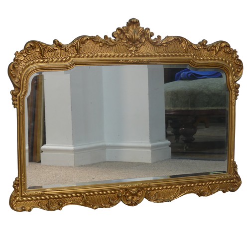 420 - An Antique gilt metal Wall Mirror, with carved floral border and bevelled mirror plate, W 89 cm x H ... 