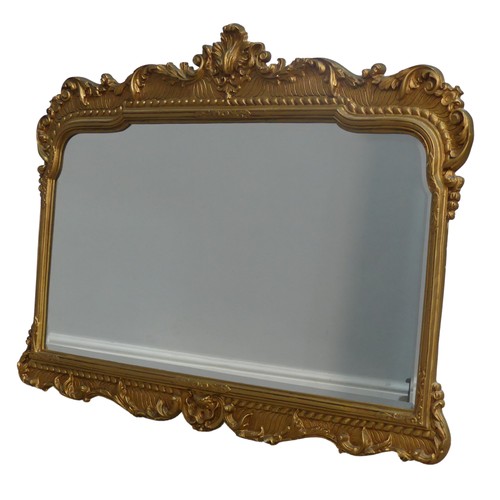 420 - An Antique gilt metal Wall Mirror, with carved floral border and bevelled mirror plate, W 89 cm x H ... 