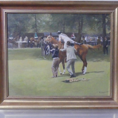 170 - 20th century English School, Haydock Park, horse racing scene, oil on board, signed and dated '85, 3... 