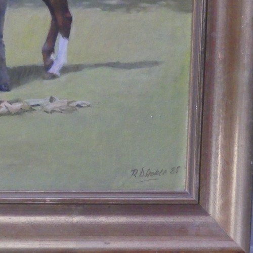 170 - 20th century English School, Haydock Park, horse racing scene, oil on board, signed and dated '85, 3... 