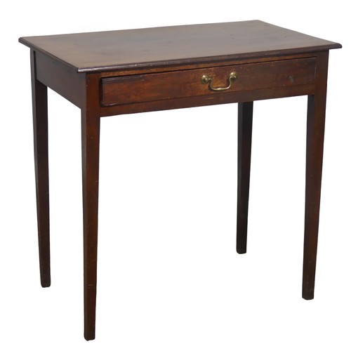 423 - A Georgian mahogany side Table, original handle and oak carcass, raised on square tapering legs, W 7... 