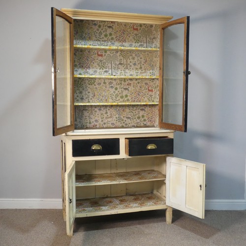 424 - A 20th century painted pine Dresser, lined with vintage hand printed floral paper, W 106 cm x H 200 ... 