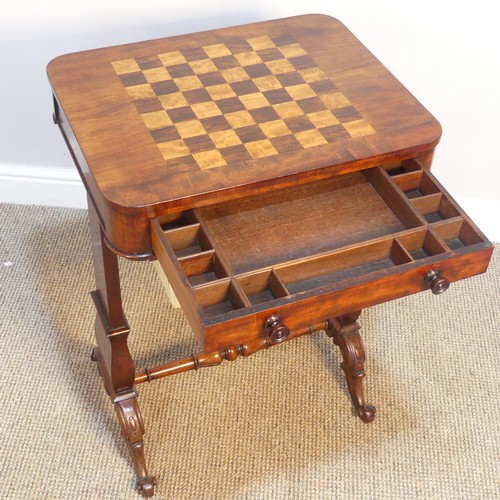 429 - A Victorian mahogany games sewing Table, the chessboard top over two drawers, one drawer for sewing ... 