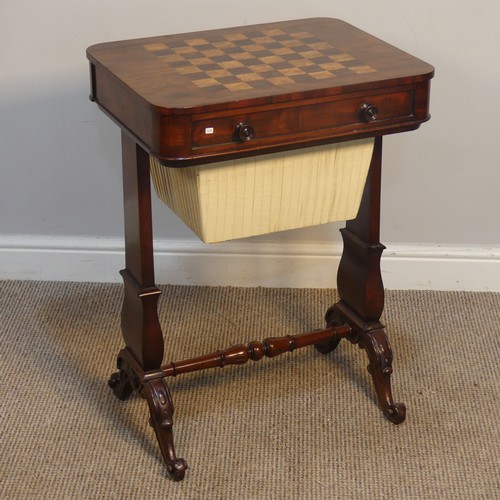 429 - A Victorian mahogany games sewing Table, the chessboard top over two drawers, one drawer for sewing ... 