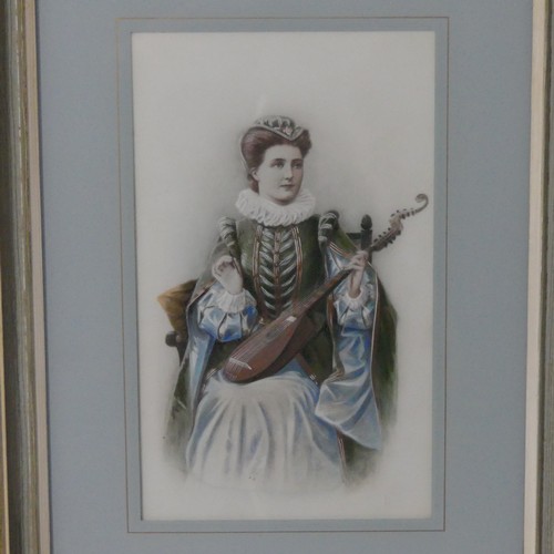 174 - 20th century School, Portrait of a lady in 16th century costume, seated, holding a lute, watercolour... 