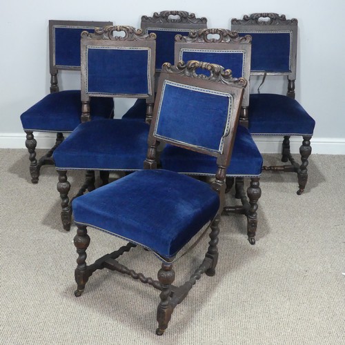 436 - A Set of six Victorian oak Carolean style dining Chairs, carved scroll top above blue upholstered ba... 