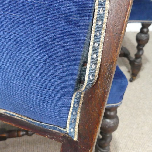 436 - A Set of six Victorian oak Carolean style dining Chairs, carved scroll top above blue upholstered ba... 