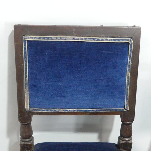 436 - A Set of six Victorian oak Carolean style dining Chairs, carved scroll top above blue upholstered ba... 