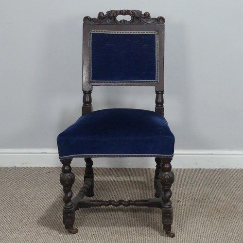 436 - A Set of six Victorian oak Carolean style dining Chairs, carved scroll top above blue upholstered ba... 