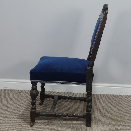 436 - A Set of six Victorian oak Carolean style dining Chairs, carved scroll top above blue upholstered ba... 