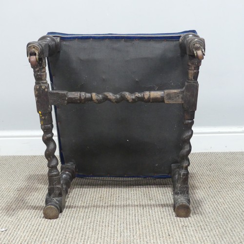 436 - A Set of six Victorian oak Carolean style dining Chairs, carved scroll top above blue upholstered ba... 