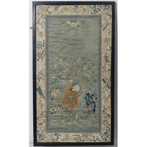 116 - A rectangular fragment of an antique embroidered Chinese Gown, 45.5cm x 23cm, framed, together with ... 