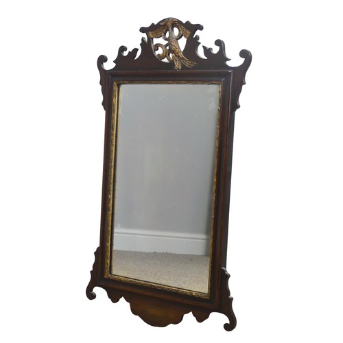 454 - A Georgian style Antique mahogany framed wall Mirror, the top apron with gilt painted exotic bird, W... 