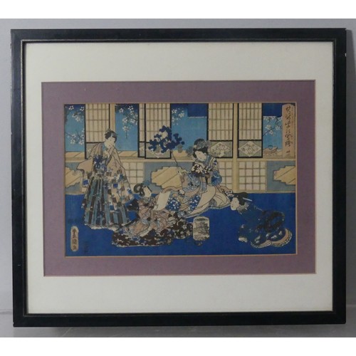 118 - A pair of Japanese woodblock prints, depicting interior and boating scenes, 22cm x 33cm, framed, tog... 