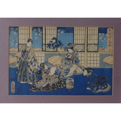 118 - A pair of Japanese woodblock prints, depicting interior and boating scenes, 22cm x 33cm, framed, tog... 