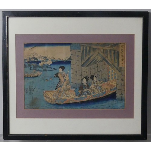 118 - A pair of Japanese woodblock prints, depicting interior and boating scenes, 22cm x 33cm, framed, tog... 