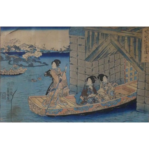 118 - A pair of Japanese woodblock prints, depicting interior and boating scenes, 22cm x 33cm, framed, tog... 