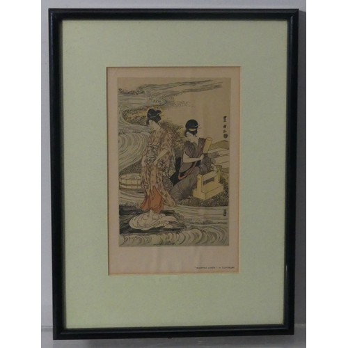 118 - A pair of Japanese woodblock prints, depicting interior and boating scenes, 22cm x 33cm, framed, tog... 