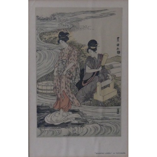 118 - A pair of Japanese woodblock prints, depicting interior and boating scenes, 22cm x 33cm, framed, tog... 