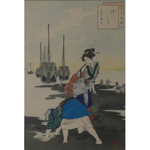 118 - A pair of Japanese woodblock prints, depicting interior and boating scenes, 22cm x 33cm, framed, tog... 