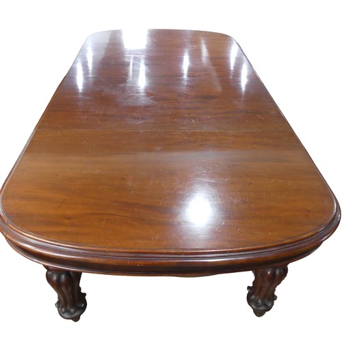 457 - A Victorian mahogany extending Dining Table, raised on bulbous carved legs upon ceramic castors, W 2... 