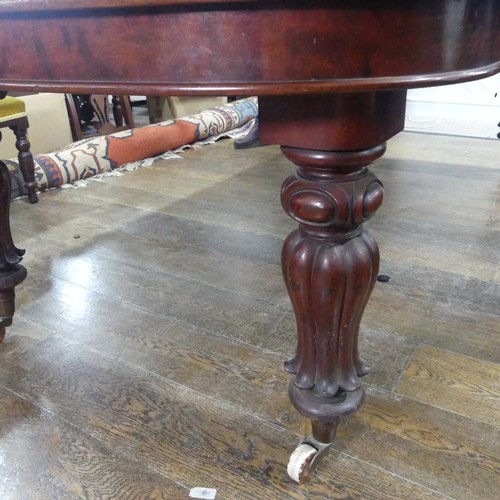 457 - A Victorian mahogany extending Dining Table, raised on bulbous carved legs upon ceramic castors, W 2... 