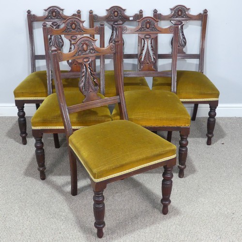 458 - A Set of six Edwardian carved mahogany dining Chairs, with mustard upholstered seats, W 47 cm x H 91... 