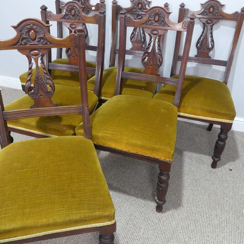 458 - A Set of six Edwardian carved mahogany dining Chairs, with mustard upholstered seats, W 47 cm x H 91... 