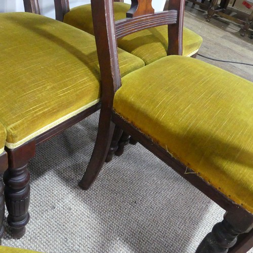 458 - A Set of six Edwardian carved mahogany dining Chairs, with mustard upholstered seats, W 47 cm x H 91... 