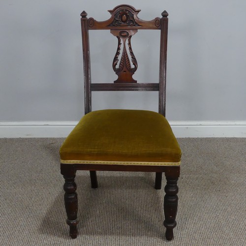 458 - A Set of six Edwardian carved mahogany dining Chairs, with mustard upholstered seats, W 47 cm x H 91... 