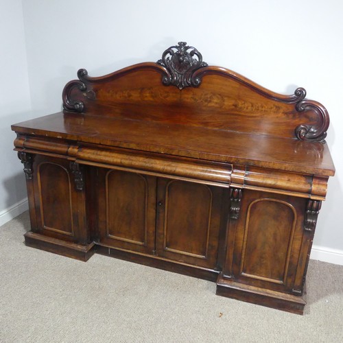 462 - A Victorian mahogany breakfront Sideboard, damage to veneer on upstand, W 199cm x H 148cm x D 63cm... 