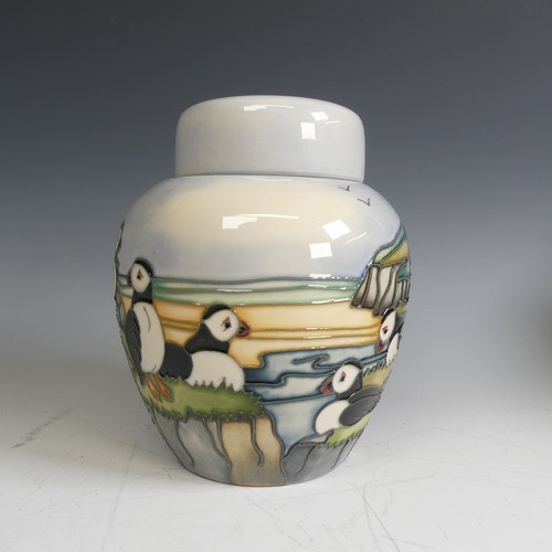 63 - A Moorcroft pottery 'Puffins' pattern Ginger Jar, tube lined decoration of puffins amongst seascape,... 