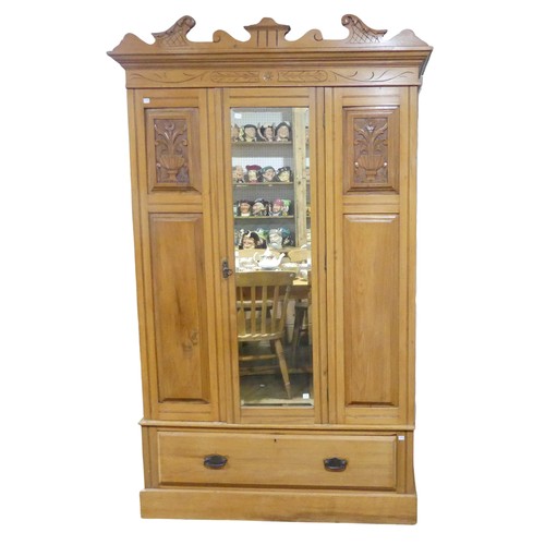 484 - An Edwardian satinwood single Wardrobe, flared and moulded cornice over mirror, flanked by carved fl... 