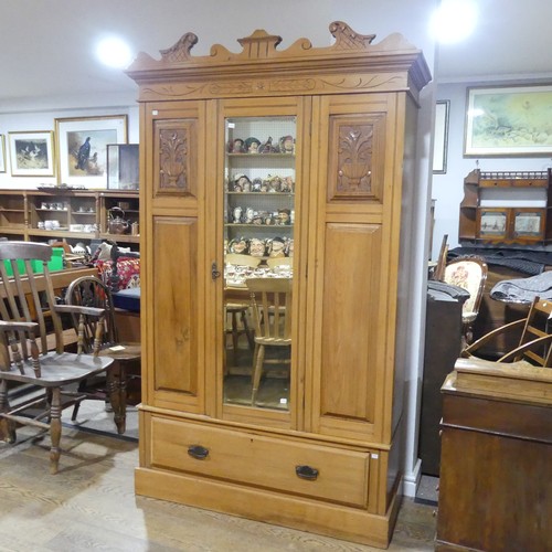 484 - An Edwardian satinwood single Wardrobe, flared and moulded cornice over mirror, flanked by carved fl... 