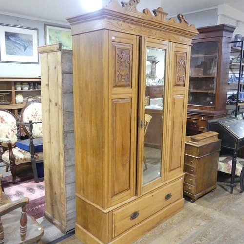 484 - An Edwardian satinwood single Wardrobe, flared and moulded cornice over mirror, flanked by carved fl... 