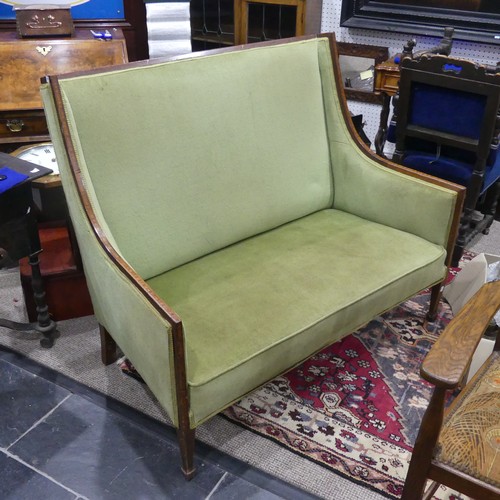 485 - An Edwardian mahogany Show Frame upholstered Two Seat Sofa, with strip inlay, raised on spaded feet,... 