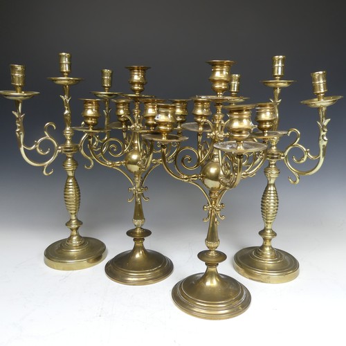 502 - A pair of Antique brass five-light Candelabra, with scroll arms, H 39.5 cm, together with a similar ... 