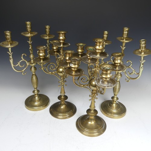 502 - A pair of Antique brass five-light Candelabra, with scroll arms, H 39.5 cm, together with a similar ... 