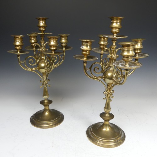 502 - A pair of Antique brass five-light Candelabra, with scroll arms, H 39.5 cm, together with a similar ... 