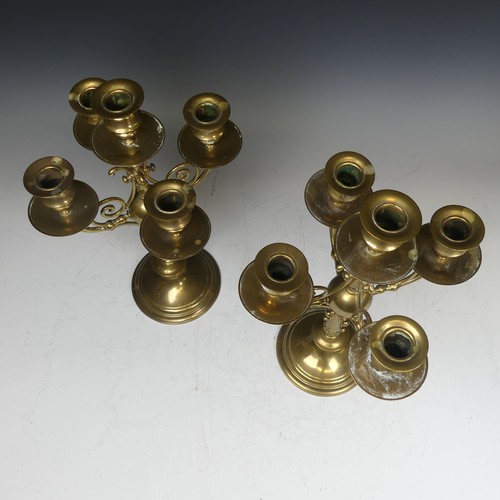 502 - A pair of Antique brass five-light Candelabra, with scroll arms, H 39.5 cm, together with a similar ... 