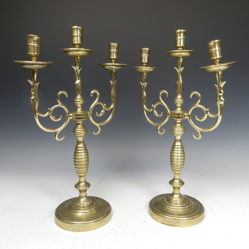 502 - A pair of Antique brass five-light Candelabra, with scroll arms, H 39.5 cm, together with a similar ... 