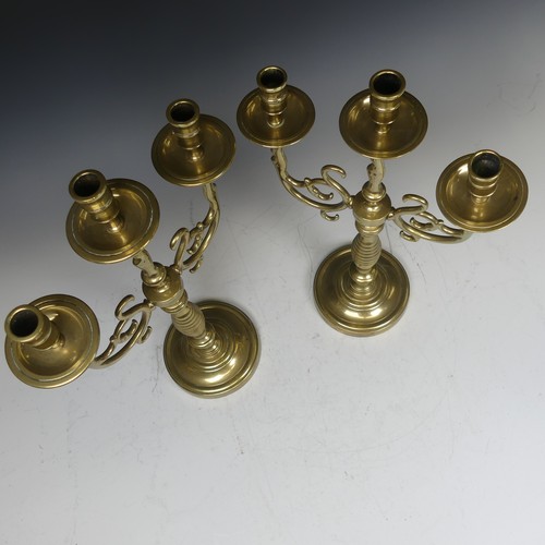 502 - A pair of Antique brass five-light Candelabra, with scroll arms, H 39.5 cm, together with a similar ... 