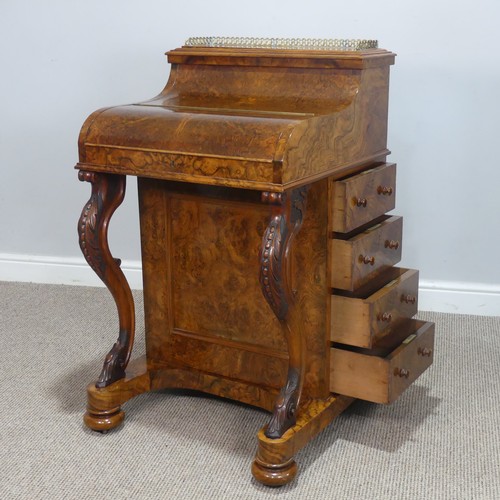 504 - A Victorian burr walnut piano top Davenport Desk, the rectangular top with pierced brass three-quart... 