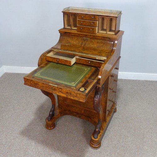 504 - A Victorian burr walnut piano top Davenport Desk, the rectangular top with pierced brass three-quart... 