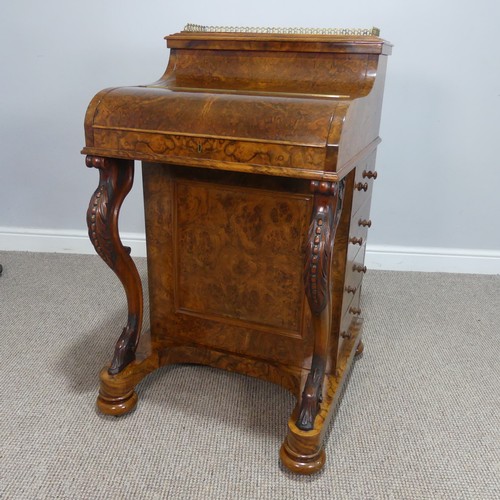 504 - A Victorian burr walnut piano top Davenport Desk, the rectangular top with pierced brass three-quart... 