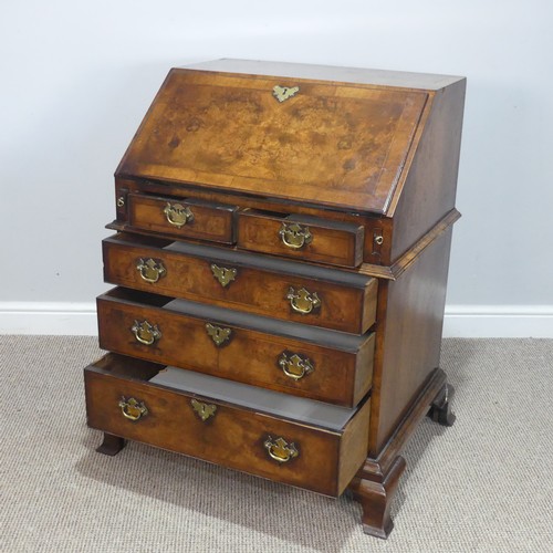 509 - A small Georgian flame mahogany Bureau, sloped fall front enclosing gilt tooled writing skiver and f... 