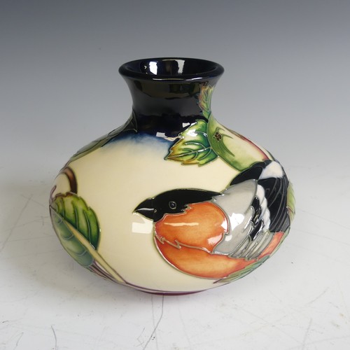 83 - A Moorcroft 'Finches and Apples' pattern squat baluster Vase, on cream and basalt ground, dated 2003... 