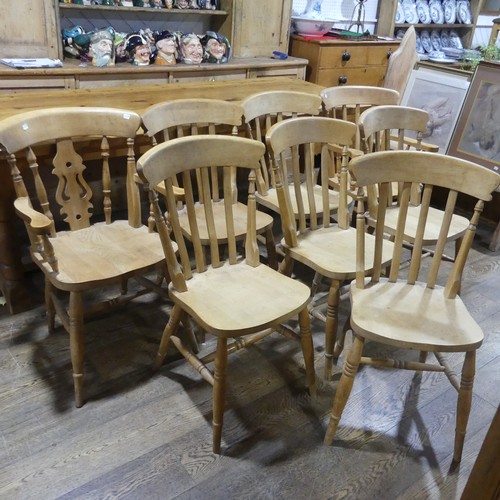 478 - A Vintage Harlequin Set of eight Kitchen Chairs, including two carvers, stick backs, (carver) W 57.5... 