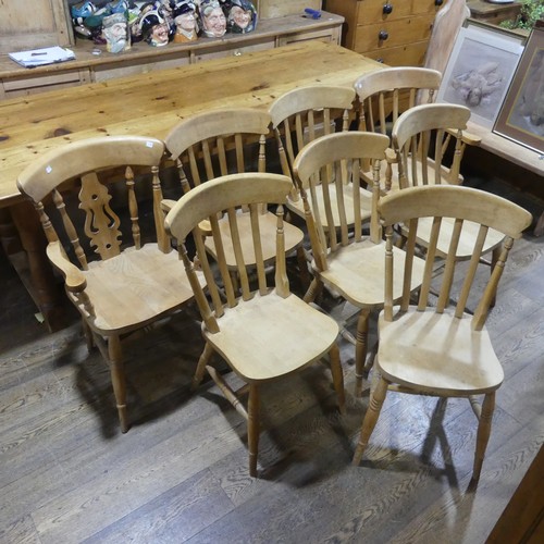 478 - A Vintage Harlequin Set of eight Kitchen Chairs, including two carvers, stick backs, (carver) W 57.5... 