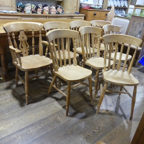 478 - A Vintage Harlequin Set of eight Kitchen Chairs, including two carvers, stick backs, (carver) W 57.5... 